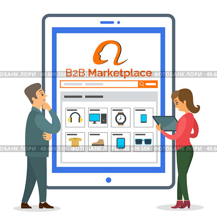 B2b marketplace website at digital tablet. Businessman and woman analysing information. Thoughtful man looking at screen. Woman with tablet in hands making online purchases at site, shopping. B2b marketplace website at digital tablet, businessman and woman looking through choosing products. Стоковая иллюстрация, агентство Ingram Publishing / Фотобанк Лори