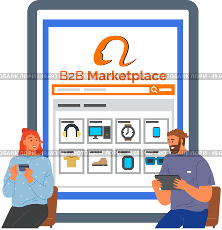 B2B online trading marketplace platform. Salers and payment system, support center app. People using online business application. Man and woman with gadgets with program for Internet shopping. People using online business app. Couple with program for Internet shopping, B2B trading marketplace. Стоковая иллюстрация, агентство Ingram Publishing / Фотобанк Лори