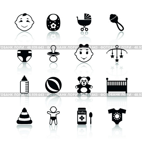 Baby child icons set with teddy bear food toys diapers stroller bottle and pacifier vector illustration. Стоковая иллюстрация, агентство Ingram Publishing / Фотобанк Лори