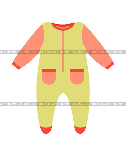 Baby clothes, poster with bodysuit of pink color with pockets, warm object for children, kids wearing vector illustration isolated on white background. Baby Clothes Bodysuit Poster Vector Illustration. Стоковая иллюстрация, агентство Ingram Publishing / Фотобанк Лори