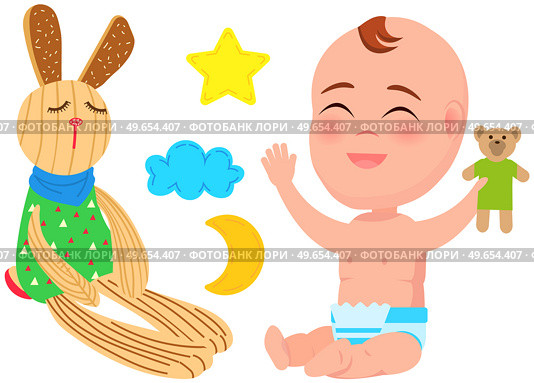 Baby playing with soft toy striped rabbit in jumpsuit, doll. Animal, plush bunny for toddler, space objects, teddy bear. Toy hare for children in suit with triangular print. Child enjoys new toys. Child enjoys new toys. Baby is playing with soft toy rabbit, pace objects, plush teddy bear. Стоковая иллюстрация, агентство Ingram Publishing / Фотобанк Лори