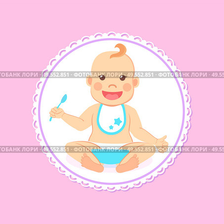 Baby shower greeting card, infant boy eats itself. Vector toddler in bib and diaper with spoon and bowl of porridge, 6 to 12 month milestones of newborn kid. Baby Shower Greeting Card, Infant Boy Eats Vector. Стоковая иллюстрация, агентство Ingram Publishing / Фотобанк Лори