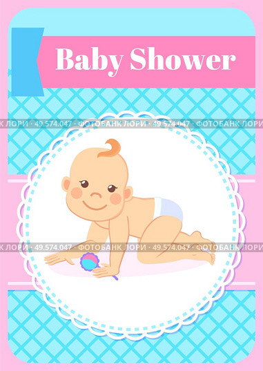 Baby shower greeting card, round napkin framing and six or seven kid month standing on knees with rattle in hands, infant in diaper. Vector newborn toddler. Milestones Baby of Six Month Standing on Knees. Стоковая иллюстрация, агентство Ingram Publishing / Фотобанк Лори