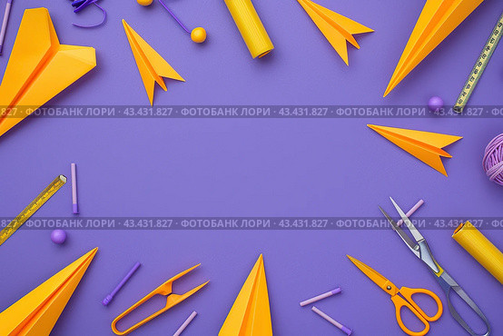Back to school, business office education concept. Assortment of Yellow colors supplies, crayons, plane, pens, paper airplane on a table. Copy space Purple background, flat lay overhead. Workspace. Стоковое AI-изображение, AI-художник Марина Демидюк / Фотобанк Лори