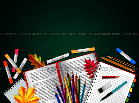 Back to school realistic background with books pencils crayons autumn leaves rubber vector illustration. Стоковая иллюстрация, агентство Ingram Publishing / Фотобанк Лори