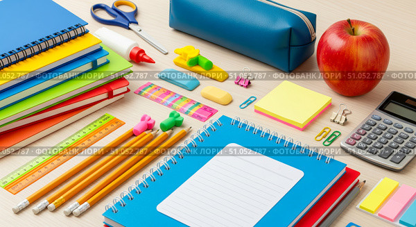 Back to school supplies on wooden desk background with colorful stationery for education concept. Student equipment including notebooks, pencils, calculator and apple for learning. Стоковое AI-изображение, AI-художник Павел Муравьев / Фотобанк Лори