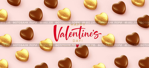 Background for Valentines Day banner, poaster, postcard made of heart-shaped chocolates wrapped in gold foil with the inscription Happy Valentines Day on a pink background. Vector illustration EPS10. Background for Valentines Day banner, poaster, postcard made of heart-shaped chocolates wrapped in gold foil with the inscription Happy Valentines Day on a pink background. Vector illustration. Стоковая иллюстрация, агентство Ingram Publishing / Фотобанк Лори