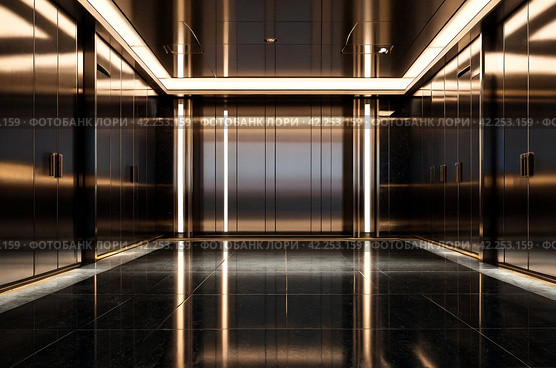 Background of interior floor of elevator platform with elevators and sunlight in business center. Modern steel elevator cabin in house or multi-apartment skyscraper. Copy space for site. Стоковое AI-изображение, AI-художник Aleksandr Golubev / Фотобанк Лори