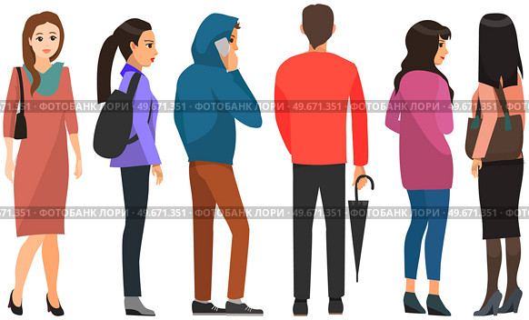 Backview of people looking at something. Men and women in different clothes stand with their backs to viewer. Characters are standing and waiting. Backs of adults and children vector illustration. Backview of people looking at something. Men and women are waiting with their backs to viewer. Стоковая иллюстрация, агентство Ingram Publishing / Фотобанк Лори