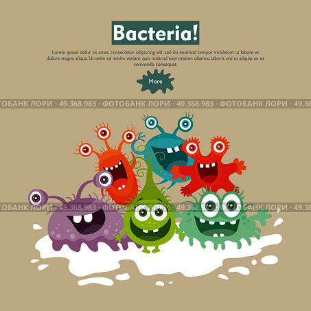Bacteria Flat Cartoon Vector Web Banner. Bacteria web banner. Group of funny colorful microbes cartoon characters vector illustrations. Smiling and scary virus, pathogen cell, germ, parasite. For medical, hygienic, science web page design. Стоковая иллюстрация, агентство Ingram Publishing / Фотобанк Лори