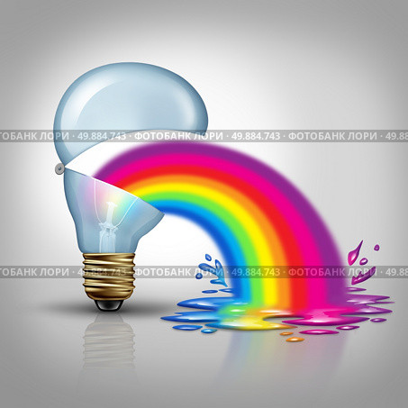 Bad creative and terrible Ideas as awful thinking concept as an open light bulb vomiting or throwing up a rainbow as a metaphor and symbol for horribble  imagination or sick marketing. Стоковое фото, агентство Ingram Publishing / Фотобанк Лори