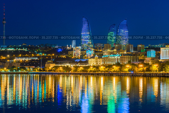 Baku, Azerbaijan - June 23, 2018: Colorful lights on Flame towers, symbol of baku at night. Стоковое фото, фотограф Константин Лабунский / Фотобанк Лори