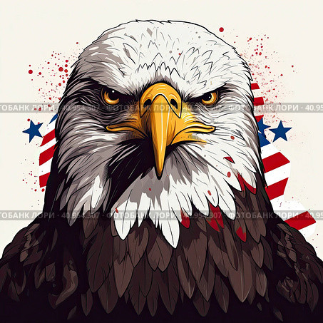 Bald American eagle on the background of the US flag. Стоковое AI-изображение, AI-художник Ярославский Максим / Фотобанк Лори