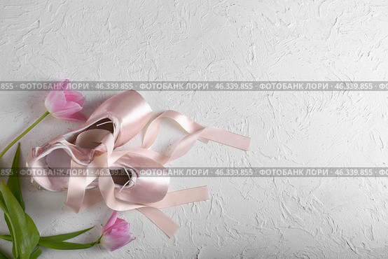 Ballet shoes with tulip flowers on white textured background. Стоковое фото, фотограф Pixel_shot / Фотобанк Лори
