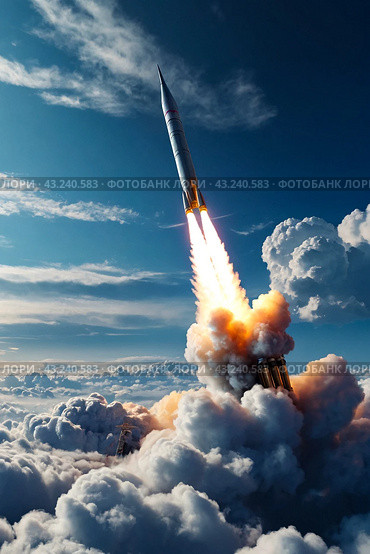 Ballistic military missile in blue sky with clouds, rocket launch trace. Anti-aircraft defense by military complexes, military aid, protection of sky. War concept on Earth. Copy ad text space. Стоковое AI-изображение, AI-художник Aleksandr Golubev / Фотобанк Лори