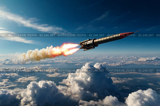 Ballistic military missile in blue sky with clouds, rocket launch trace. Anti-aircraft defense by military complexes, military aid, protection of sky. War concept on Earth. Copy ad text space. Стоковое AI-изображение, AI-художник Aleksandr Golubev / Фотобанк Лори