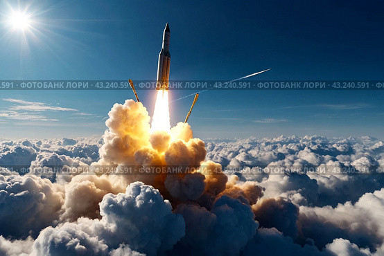 Ballistic military missile in blue sky with clouds, rocket launch trace. Anti-aircraft defense by military complexes, military aid, protection of sky. War concept on Earth. Copy ad text space. Стоковое AI-изображение, AI-художник Aleksandr Golubev / Фотобанк Лори