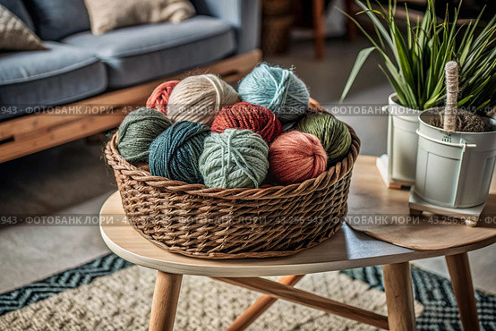 Balls of yarn in a wicker basket on a wooden stool. Needlework, textiles, knitting. Winter season, small business, handmade clothes. Стоковое AI-изображение, AI-художник Photojuli / Фотобанк Лори