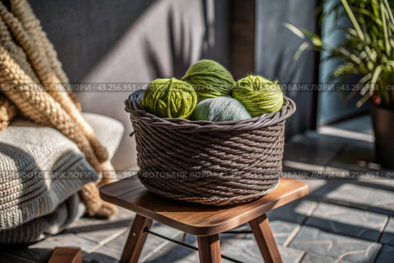 Balls of yarn in a wicker basket on a wooden stool. Needlework, textiles, knitting. Winter season, small business, handmade clothes. Стоковое AI-изображение, AI-художник Photojuli / Фотобанк Лори