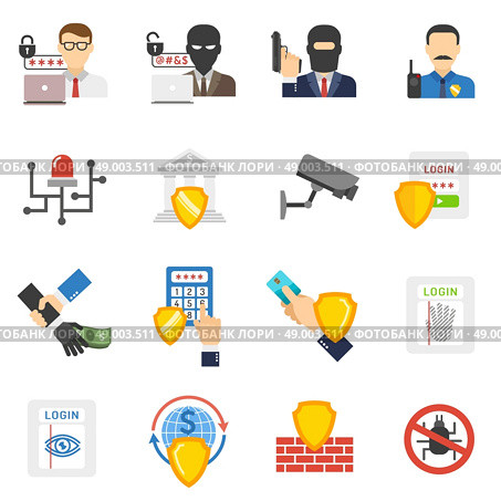 Bank security flat icons set. Internet banking system safety flat icons set with virus and hackers detecting software abstract isolated vector illustration. Стоковая иллюстрация, агентство Ingram Publishing / Фотобанк Лори