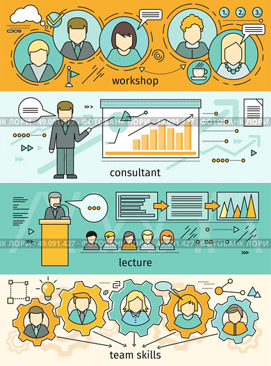 Banner set workshop and team skills. Business education, consulting and educational lectures. Team skills work. Teamwork development work and training, meeting and seminar. Vector illustration. Стоковая иллюстрация, агентство Ingram Publishing / Фотобанк Лори