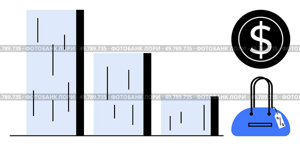 Bar graph declining left to right alongside dollar sign and blue handbag. Ideal for finance, budgeting, savings, spending analysis, consumer behavior, economics, retail. Line metaphor. Bar Graph With Dollar Sign and Blue Handbag Illustrating Financial Analysis and Spending Trends. Стоковая иллюстрация, агентство Ingram Publishing / Фотобанк Лори
