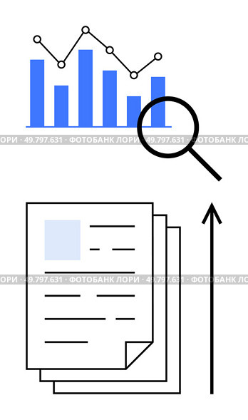 Bar graph line graph stack of papers magnifying glass arrow. Ideal for data analysis, growth, research, business strategy, statistics, documentation, focus. Line metaphor. Analytical Tools for Data-Driven Success Featuring Graphs, Reports, and Magnifying Glass. Стоковая иллюстрация, агентство Ingram Publishing / Фотобанк Лори