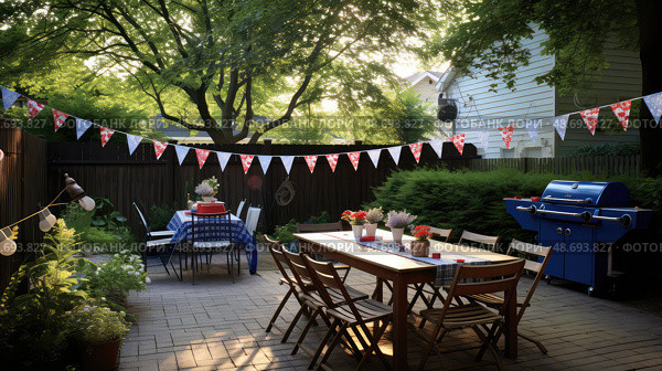 barbecue red white and blue bunting ai generated. Стоковое AI-изображение, AI-художник Vectorwin / Фотобанк Лори
