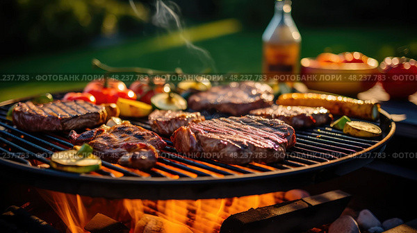 barbecue steak dinner table ai generated. Стоковое AI-изображение, AI-художник Vectorwin / Фотобанк Лори