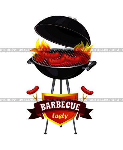 Barbecue tasty brazier with sausages isolated icons set vector. Cookout mangal and roasting frankfurters on fire. Barbecuing party on shield emblem. Barbecue Tasty Brazier Set Vector Illustration. Стоковая иллюстрация, агентство Ingram Publishing / Фотобанк Лори