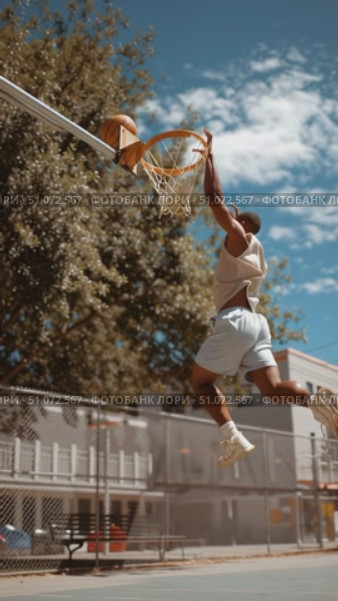 Basketball player jumps to dunk at sunny urban court during afternoon practice session. Стоковое AI-видео, аниматор Сергей Толмачёв / Фотобанк Лори