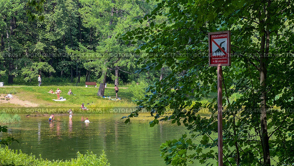 Bathing people on a hot afternoon in a park pond on the background of a forbidding sign. Стоковое фото, фотограф Ярославский Максим / Фотобанк Лори