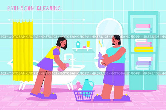 Bathroom cleaning flat composition with 2 women scrubbing bathtub surface with dipped in cleanser sponge vector illustration. Стоковая иллюстрация, агентство Ingram Publishing / Фотобанк Лори