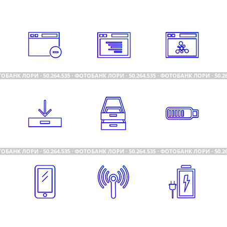 battery , wifi , network , infrared , signals , web , user interface , usb , battery cells , mobile , uploading , downloading , internet , icon, vector, design,  flat,  collection, style, creative,  icons. Стоковая иллюстрация, агентство Ingram Publishing / Фотобанк Лори