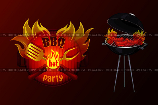 BBQ party poster with text in flame. Barbecue icon of brazier with grille grid and sausages cooking on fire. Hot meal frankfurters preparation vector. BBQ Party Poster Barbecue Vector Illustration. Стоковая иллюстрация, агентство Ingram Publishing / Фотобанк Лори
