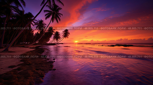 beach sunsets palm trees ai generated. Стоковое AI-изображение, AI-художник Vectorwin / Фотобанк Лори