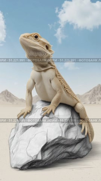 Bearded dragon perching on rocky surface, head turning, showcasing intricate scales against arid backdrop with mountainous terrain and pale blue cloudscape. Стоковое AI-видео, аниматор Юрий Поздников / Фотобанк Лори