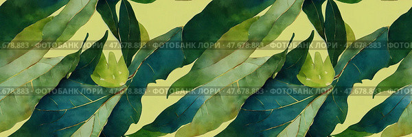 Beautiful abstract panoramic background. Picturesque pattern of green leaves, inspired by nature. Foliage is olive green. Wide texture background with seamless pattern. Great for design. Generative AI. Стоковое AI-изображение, AI-художник Андрей Степанов / Фотобанк Лори