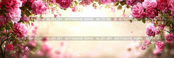 Beautiful blooming roses create a serene backdrop for a sunny day. Стоковое AI-изображение, AI-художник Katsiaryna Repich / Фотобанк Лори