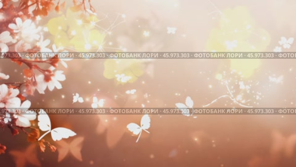 Beautiful bright summer spring background for bloggers or advertising with flying butterflies and fragrant flowers. Стоковое AI-видео, аниматор ALLA YURTAYEVA / Фотобанк Лори