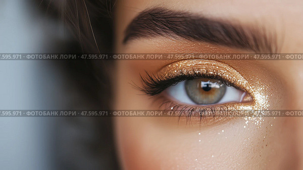 Beautiful close-up of a woman's eye with shimmering gold eyeshadow and defined brows. Стоковое AI-изображение, AI-художник Сергей Толмачёв / Фотобанк Лори