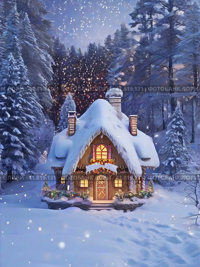 Beautiful fairytale Christmas hut in a snowy forest. Стоковое AI-изображение, AI-художник Сергей Елизарьев / Фотобанк Лори