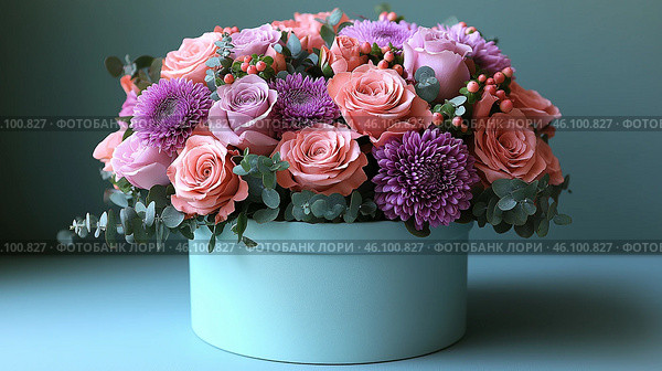 Beautiful floral arrangement with pink roses and purple asters on display. Стоковое AI-изображение, AI-художник Katsiaryna Repich / Фотобанк Лори