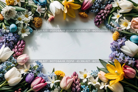 Beautiful floral background. A frame of spring flowers with tulips, daffodils, crocuses, hyacinths. View from above. Space for text. Стоковое AI-изображение, AI-художник Photojuli / Фотобанк Лори