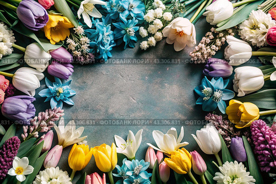 Beautiful floral background. A frame of spring flowers with tulips, daffodils, crocuses, hyacinths. View from above. Space for text. Стоковое AI-изображение, AI-художник Photojuli / Фотобанк Лори