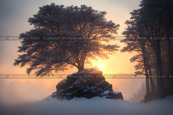 Beautiful frozen northern landscape at sunset during bliszard, AI generated. Стоковое AI-изображение, AI-художник Сергей Старуш / Фотобанк Лори