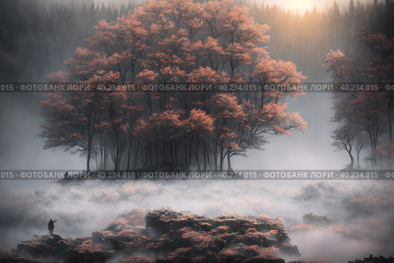 Beautiful frozen northern landscape with lonely person silhouette at sunset during bliszard, AI generated. Стоковое AI-изображение, AI-художник Сергей Старуш / Фотобанк Лори