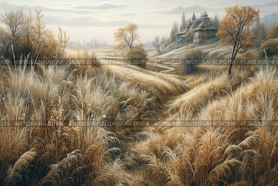 Beautiful landscape with hills and feather grass, watercolor style, Generative AI. Стоковое AI-изображение, AI-художник Анна Кривицкая / Фотобанк Лори