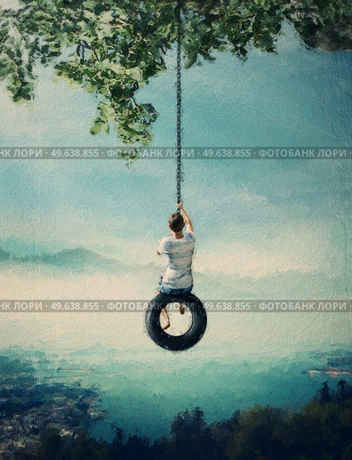 Beautiful painting of a boy swaying on a tire swing with a wonderful scenic view from above the town. Adventure and freedom concept, vacation escapade memories, relaxation and happiness. Стоковое фото, агентство Ingram Publishing / Фотобанк Лори