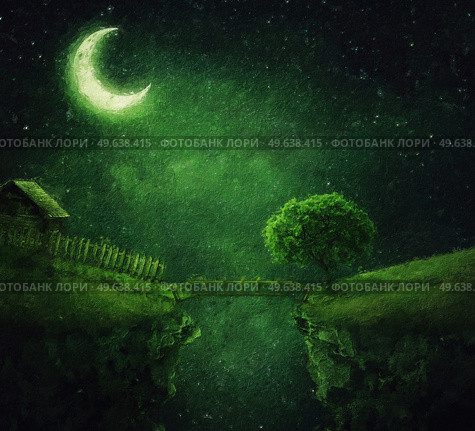 Beautiful painting with a isolated country house  on the edge of a chasm with a bridge over the abyss. Marvelous night scene with crescent moon and green spell shades. Стоковое фото, агентство Ingram Publishing / Фотобанк Лори
